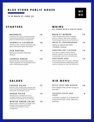 Menu for Blue Stone Public House