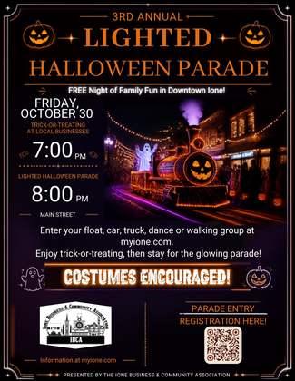 3rd Annual Lighted Halloween Parade flyer — Friday October 30, trick-or-treating at local businesses 7 PM, parade 8 PM on Main Street, downtown Ione