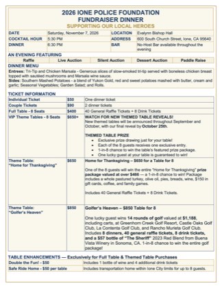 Ticket prices, dinner menu, VIP themed tables and table enhancements for the 2026 Ione Police Foundation dinner