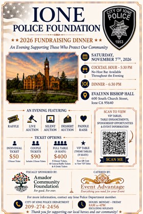 2026 Ione Police Foundation Fundraising Dinner flyer — Saturday November 7, 2026, Evalynn Bishop Hall, Ione